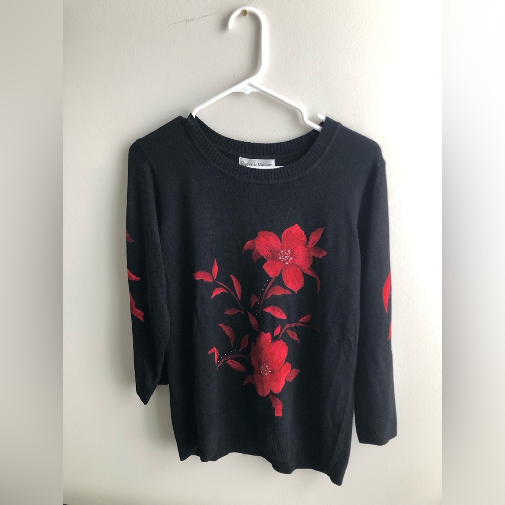 Rebecca Malone Classic Black Crew Neck Sweater With Red Floral Design Holiday